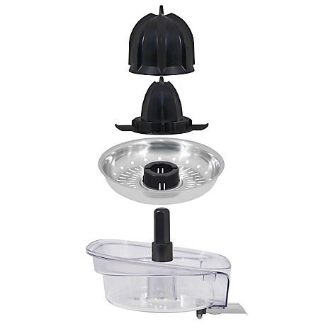 Disassembled device: black and transparent plastic parts, silver sieve, all arranged one above the other.