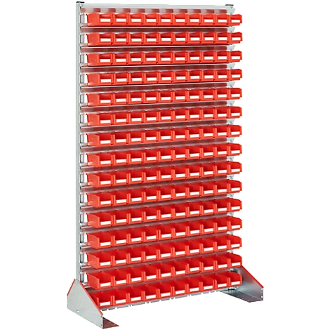 A red storage rack with many compartments, ideal for organizing small parts.
