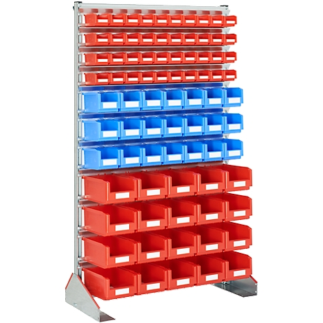Shelf with red and blue containers for small parts.
