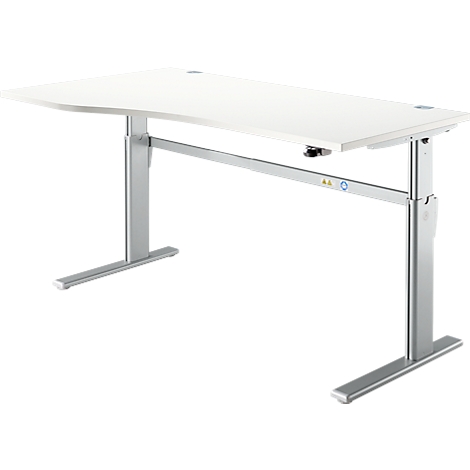 Een witte in hoogte verstelbare bureau met zilveren poten en frame. Er zijn twee kleine gaatjes in het tafelblad.