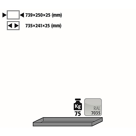 Grijze rechthoekige plank met afmetingen, gewicht en RAL-kleur. Afmetingen: 739x250x25 mm en 735x241x25 mm. Gewicht: 75 kg. Kleur: RAL 7035.