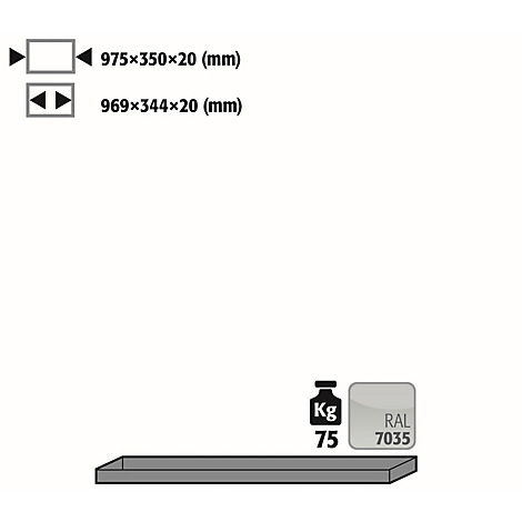 Tekening met afmetingen: 975x350x20mm en 969x344x20mm. Gewicht: 75 kg. Kleurcode: RAL 7035. Onderaanzicht van een metalen vloer.