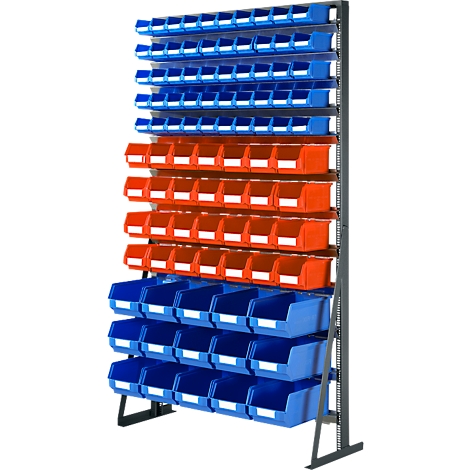 Vrijstaande stellingkast met blauwe en oranje opbergbakken in verschillende formaten.