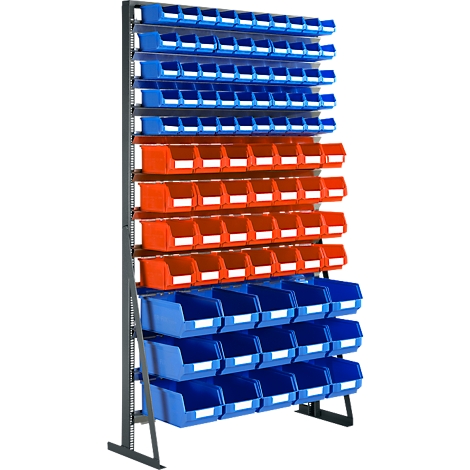 Een zwart rek met veel kleine, stapelbare opbergbakken in blauw en oranje.