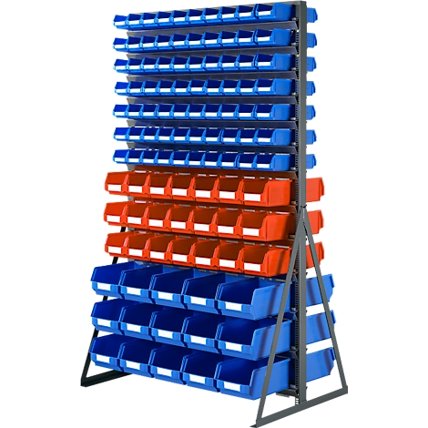 Vrijstaande stellingkast met blauwe en oranje opslagbakken op een grijs metalen frame.