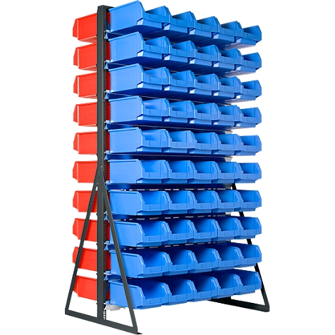 Een zwart metalen rek gevuld met talloze blauwe en rode kunststof magazijnbakken.