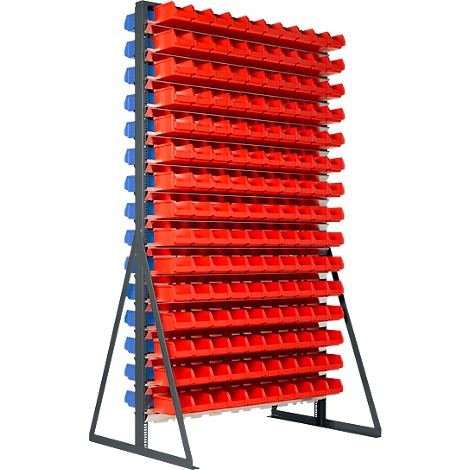 Een vrijstaand rek met veel rode bakken op een grijs metalen frame.