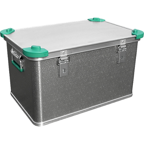 Grey metal box with green handle and corners, two clasps and a silver lid.