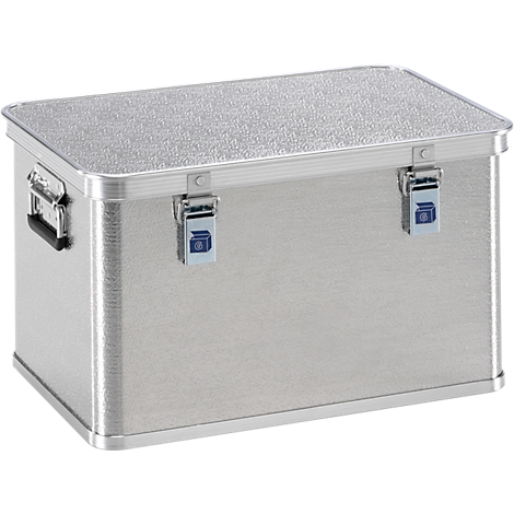 Silver aluminum transport box, rectangular, with handle and two closures.