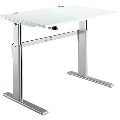 A white, height-adjustable desk with silver legs, against a white background.