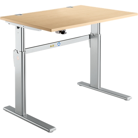 Height-adjustable desk with light brown tabletop and silver legs.
