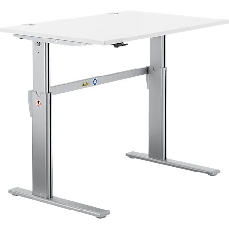 Standing desk in white and silver. The tabletop is white, the legs are silver.