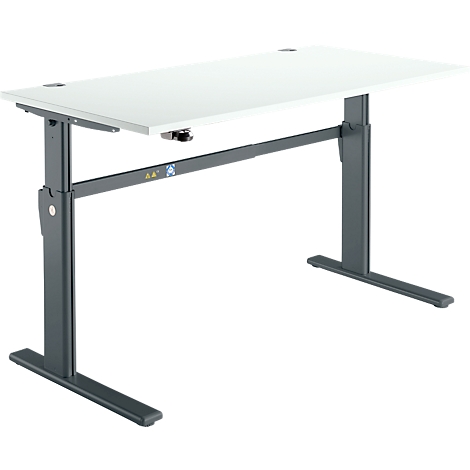 A height-adjustable desk with a white tabletop and gray frame, against a white background.