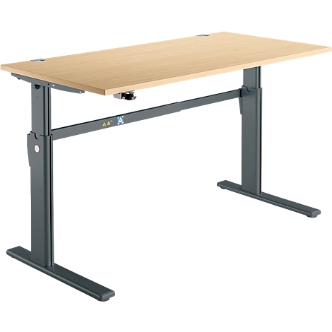 Light brown desk with height-adjustable anthracite frame.