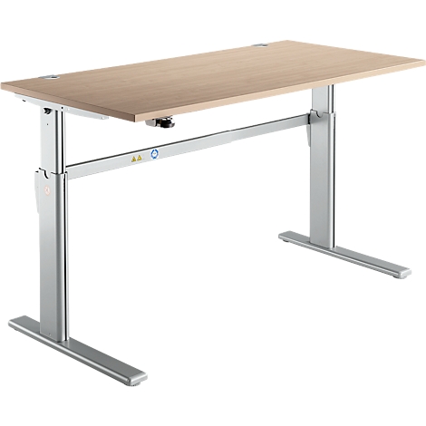 Height-adjustable desk, light brown tabletop, silver legs.