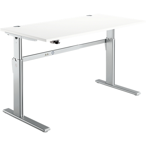 A white, height-adjustable desk with silver legs. The tabletop is rectangular and stands on two metal legs.