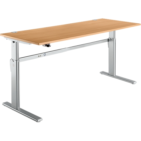 Height-adjustable wooden desk with silver metal legs against a white background.