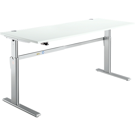 A white height-adjustable desk with silver legs. The desk is empty, against a white background.