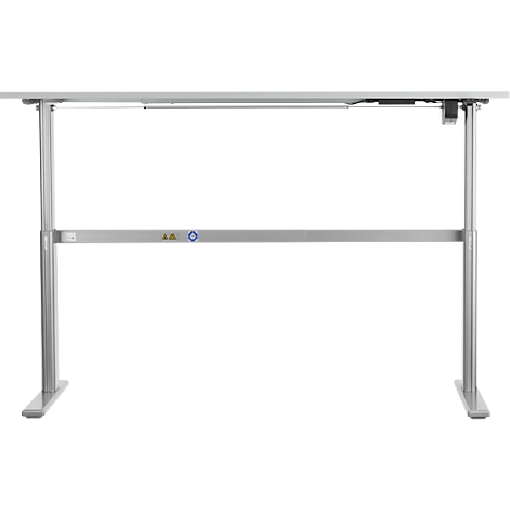 A height-adjustable, silver desk with two legs, a tabletop, and a crossbeam.