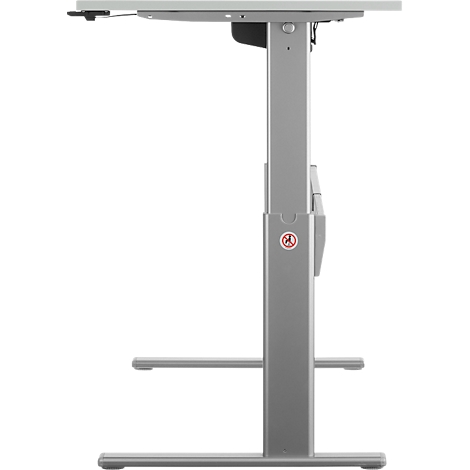 A height-adjustable, silver desk on a white background. The tabletop is light gray.
