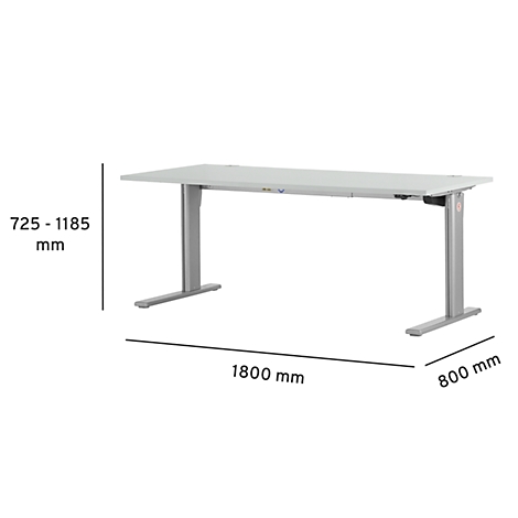 A gray, height-adjustable desk with dimensions: 1800 mm long, 800 mm wide, 725-1185 mm high.