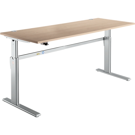 Light brown height-adjustable desk with silver legs. The tabletop is rectangular.