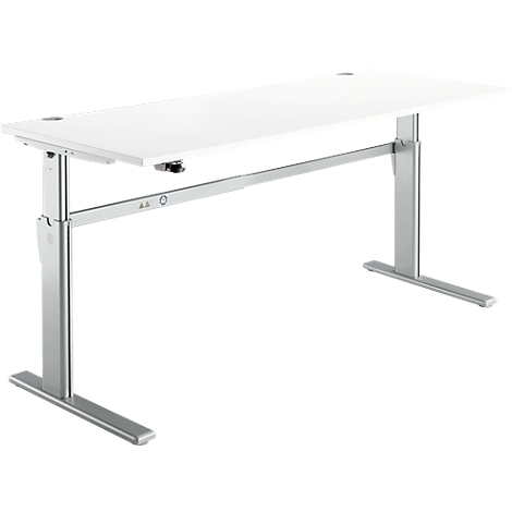 A height-adjustable desk with a white tabletop and silver legs. The desk is photographed from the front.