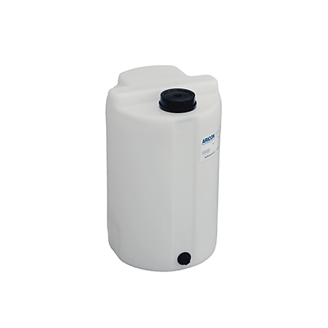 White tank with black lid and outlet.