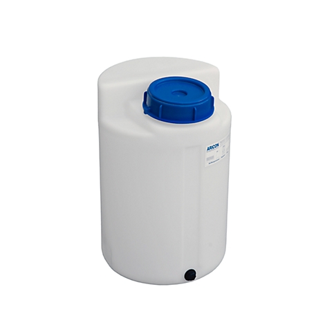 White cylindrical container with a blue lid. Sticker with text. Black outlet.