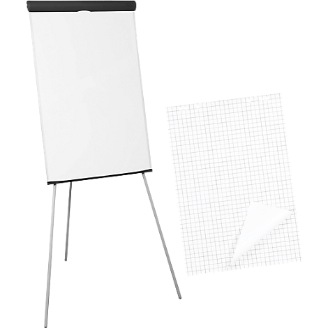A white flip chart on a three-legged stand next to a grid paper pad. Both against a white background.
