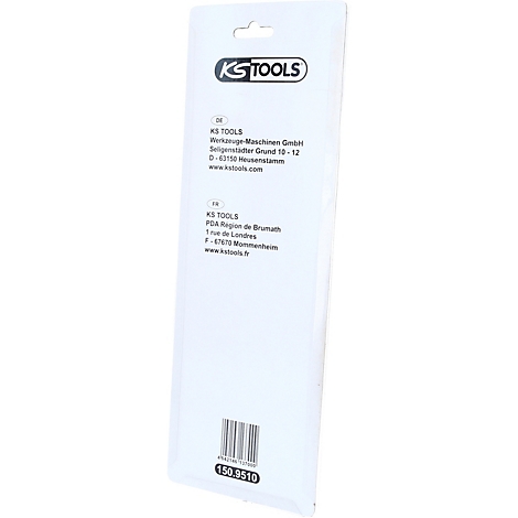 Nahaufnahme einer KS TOOLS-Verpackung mit Firmenlogo, Adresse und Barcode. Text auf der Verpackung.