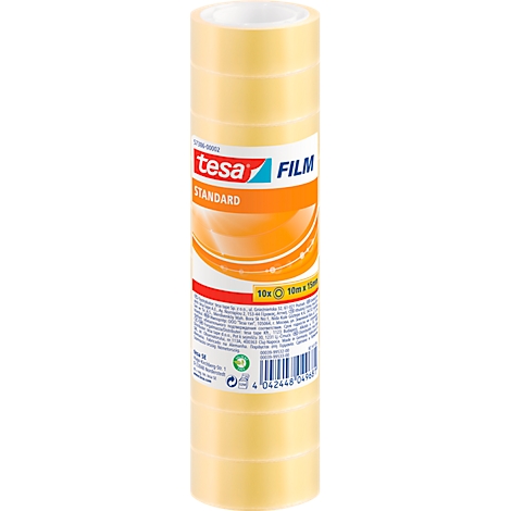 Zylindrische Rolle tesafilm, teilweise durchsichtig, mit orangefarbenem Etikett. Aufschrift: tesa, Film, Standard.