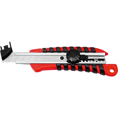 A red and black utility knife, lying on a white surface. It has a silver blade.