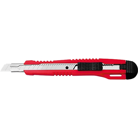 A red utility knife lies horizontally. The blade is silver, the handle red with a black element for blade adjustment.