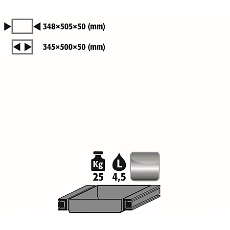 Grey product illustration with dimensions, weight, volume and symbols.