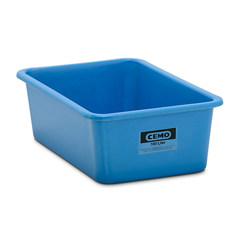 Blue rectangular plastic tub, with the "CEMO" logo and "100 Liter".