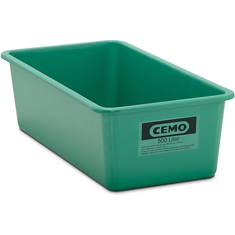 Green rectangular trough, the label shows the Cemo brand and a capacity of 500 liters.