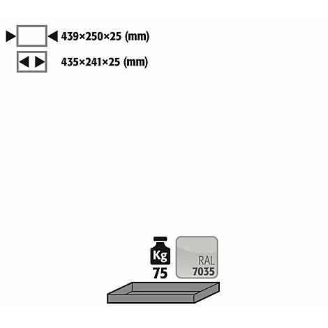 Text with dimensions and weight. At the bottom a gray plate with a white background. Dimensions: 439x250x25 (mm), 435x241x25 (mm). Weight: 75 kg. Color RAL 7035.
