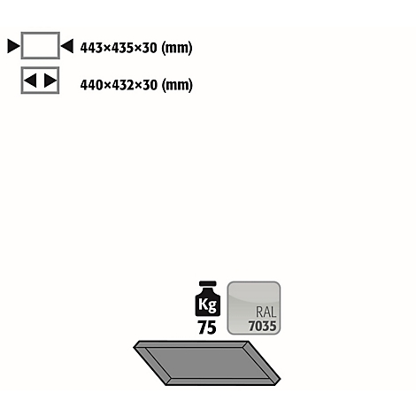 Representation with dimensions, weight and color code RAL 7035 for a product.