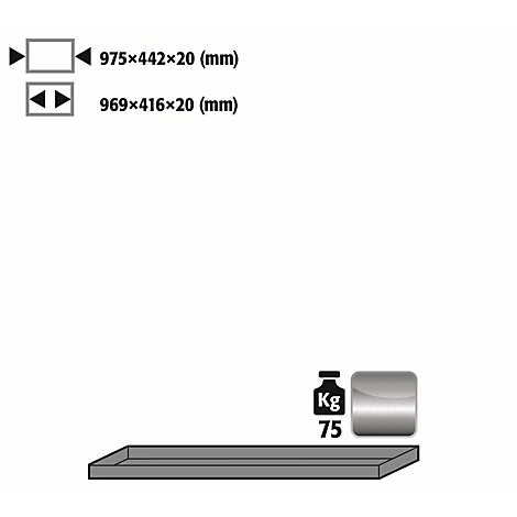 Gray rectangular shelf with dimensions and weight indication 75 kg.