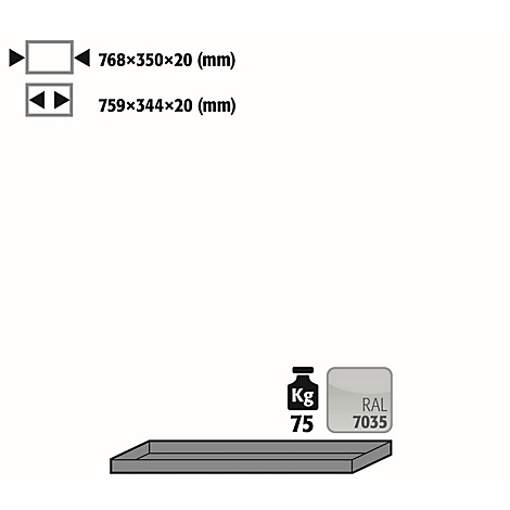 The image shows product size and specifications information, including dimensions and weight. A rectangle with RAL 7035.