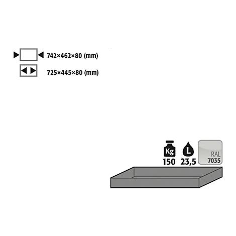 Drawing of a rectangular box with dimensions and weight and volume indications. The box is gray and has the RAL color 7035.