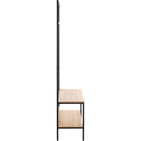 Schwarzes Metallregal mit Holzplatten. Eine obere Stange mit Haken, darunter zwei Regalböden.