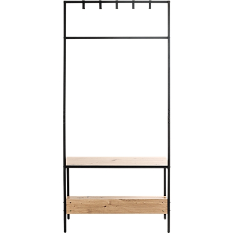 Schwarze Garderobe mit Haken, Stange und Ablagen aus Holz, freigestellt.