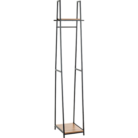 Kleiderständer aus Metall mit Ablage und Kleiderstange aus Holz. Schwarzes Metallgestell, Holzablage, heller Hintergrund.