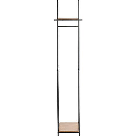 Offene Kleiderstange mit schwarzem Metallgestell und Holzregal.