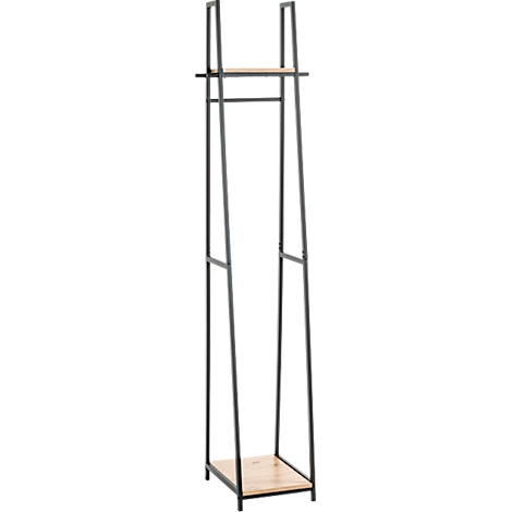 Kleiderständer aus Metall mit Holzablage und Stange.