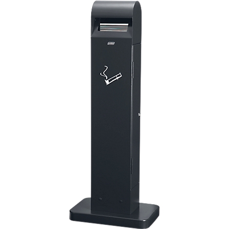 Dark grey, slender ash bin with rounded top. Smoking symbol. Stands on rectangular base.