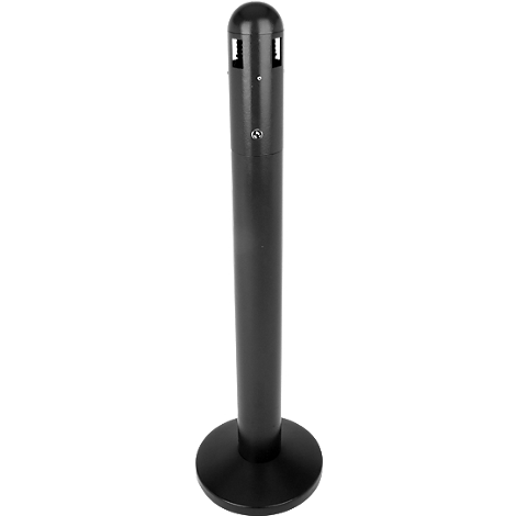 Black, cylindrical outdoor ashtray with round base. The upper part has slits.