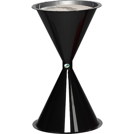Black hourglass-shaped funnel with silver rim, green logo, isolated.